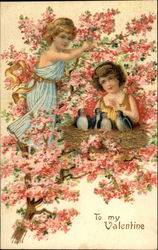 To My Valentine - Two Girls Near Birds' Nest in a Pink Blooming Tree Children Postcard Postcard