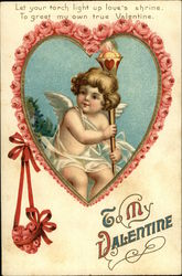 To My Valentine - Rose Trimmed Heart with Cherub holding Torch Cupid Postcard Postcard