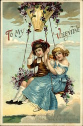 To My Valentine - Little Boy and Girl on Balloon Swing Postcard