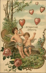 St Valentine's Offering - Two Cherubs Blowing Heart Shaped Bubbles Cupid Postcard Postcard