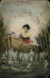 A woman in a boat in a marsh, with many babies in the water Postcard