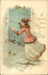 A Happy New Year with Woman, Horn, and Snow Scene Beautiful Ladies Postcard Postcard