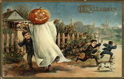 Halloween with Boys and Pumpkin Ghost Postcard Postcard