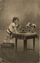 Photographic portrait of a child by a telephone Children Postcard Postcard