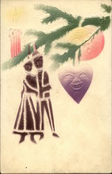 Laughing ornaments on a Christmas tree bough Airbrushed Postcard Postcard