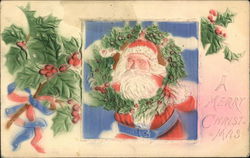 A Merry Christmas - With Embossed Holly and Santa Postcard