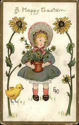 A Happy Easter with Young Girl, Sunflowers, and Baby Chick With Children Postcard Postcard