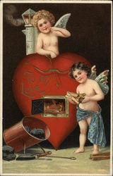 To My Love - Heart Furnace and Two Cupids Postcard