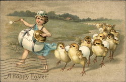 A Happy Easter - Child Marching and Baby Chicks Following With Chicks Postcard Postcard