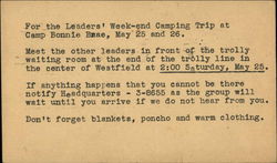 For the leaders' week-end camping trip at Camp Bonnie Brae, May 25 and 26. Postcard Postcard