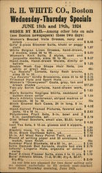 R. H. White Co., Boston. Wednesday - Thursday specials. June 18th and 19th, 1924. Advertising Postcard Postcard