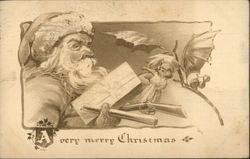 A Very Merry Christmas - Black & White Drawing of Santa and Toys Santa Claus Postcard Postcard