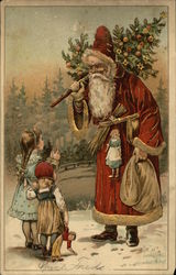 Santa and Two Little Girls Postcard