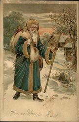 Kris Kringle carrying a bag of toys through the snow. Postcard Postcard