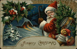 A Merry Christmas - Santa with Toys and Snow Scene Santa Claus Postcard Postcard