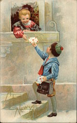 A Happy New Year - Little Girl Accepting Letter from a Little Boy Children Postcard Postcard