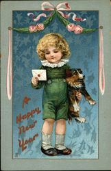 A Happy New Year - Blonde Child holding Envelope and Puppy Postcard