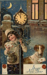 Happy New Year - Snow Scene with Clock, Child, and Dog Postcard