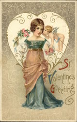 St. Valentine's Greeting - With Victorian Woman and Cupid Women Postcard Postcard