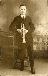 Studio Portrait - Man with Trumpet Music Postcard Postcard