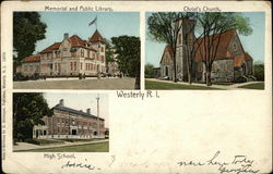 Memorial and Public Library, Christ's Church, and High School Westerly, RI Postcard Postcard Postcard