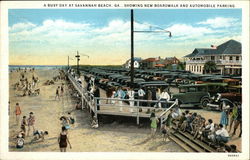 Beach showing Boardwalk and Automobile Parking Postcard