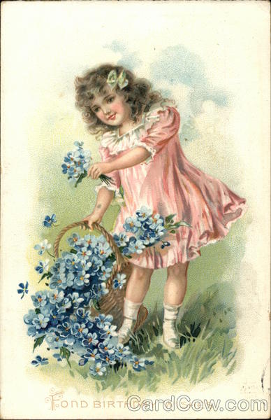 Girl with Basket of Blue Flowers Birthday Postcard