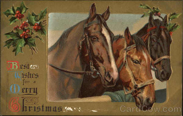 Best Wishes for a Merry Christmas - Three Horses and Holly Postcard