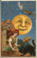 Witch with Broom, Man in the Moon, Owl, Black Cat Postcard