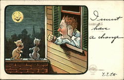 Man looking out Window at 2 Cats - I must have a change Postcard Postcard Postcard