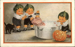 Children Bobbing for Apples with Pumpkin and Black Cat Halloween Postcard Postcard Postcard