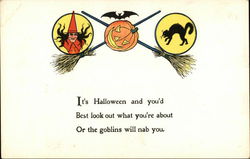 Witch, Brooms, Bat and Black Cat Halloween Postcard Postcard Postcard