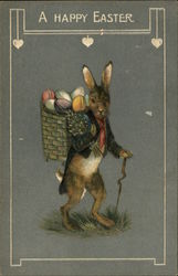 Easter Bunny Walking with Cane and Basket of Eggs With Bunnies Postcard Postcard Postcard