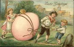 Easter Greetings- Children Towing a Large Pink Egg With Children Postcard Postcard Postcard