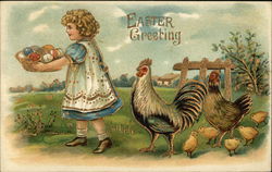 Girl With Eggs in Basket Followed By Chickens With Chicks Postcard Postcard Postcard