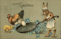 Anthropomorphic Rabbit with Egg in Frying Pan and Chickens With Bunnies Postcard Postcard Postcard