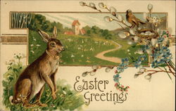 Easter Greetings - Rabbit and Bird with Eggs in a Country Scene Postcard