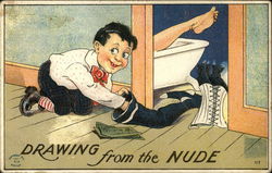 Boy Stealing Money from Bathing Woman's Stocking Postcard