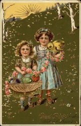 Two Girls on a Hill with Easter Basket, Eggs, and Chick Postcard