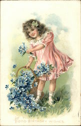 Girl with Basket of Blue Flowers Birthday Postcard Postcard Postcard