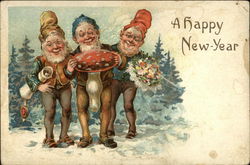 A Happy New Year - Gnomes with a Mushroom and Bouquet Elves Postcard Postcard Postcard