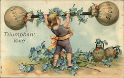 Triumphant love - Child lifting Weights, Blue Flowers Adorn Children Postcard Postcard Postcard