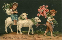 With Best Easter Wishes. - Children, Flowers and Lambs With Lambs Postcard Postcard Postcard