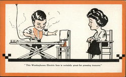 "This Westinghouse Electric Iron is Certainly Great For Pressing Trousers." Advertising Postcard Postcard Postcard