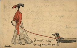 Woman walking Dachsund With Long Leash Postcard