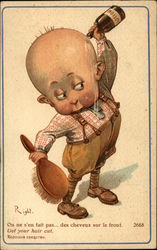 Little Boy Pouring Lotion on bald head holding hairbrush Postcard