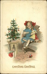 Christmas Greetings. - Small Decorated Tree and Young Girl with Doll Children Postcard Postcard Postcard