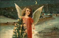 Angel with a Christmas Tree in Snow Scene at night Angels Postcard Postcard Postcard