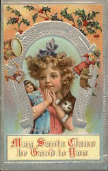 Young Girl Encircled by Horseshoe with Toys and Holly Postcard