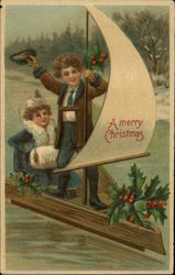 Two Children on a Sailboat Decorated for Christmas Postcard